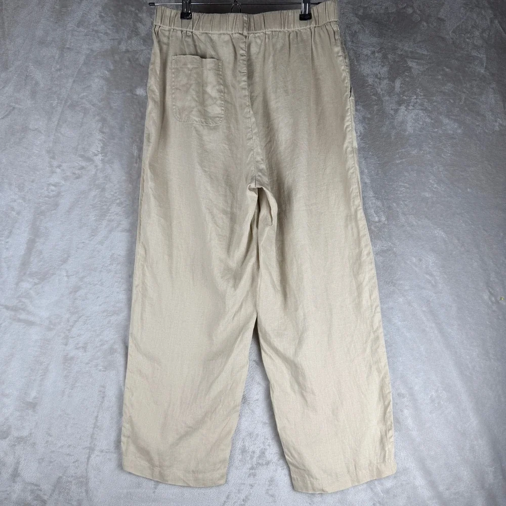 Quince European Linen Straight Leg Pants Beige Elastic Waist Size Medium Womens